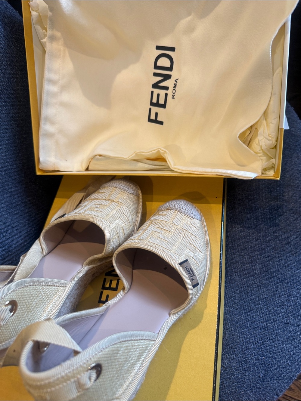 Fendi Beige Woven Espadrille Wedge Sandals with Ankle Ribbon - Picture 6 of 6